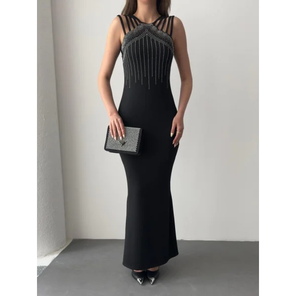 Kadın Omuz çoklu Askılı önü Taş Işlemeli Balık Kesim Janjan Krep Maxi Boy Elbise