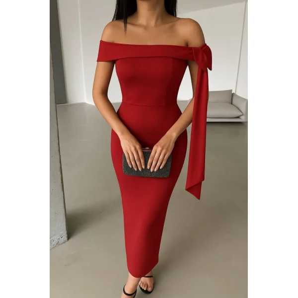 Kadın Omuz Dekolte Kurdele Detay Uzun Krep Elbise