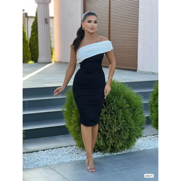 Kadın Omuz Dekolteli Arkası Büzgü Detay Midi Boy Elbise