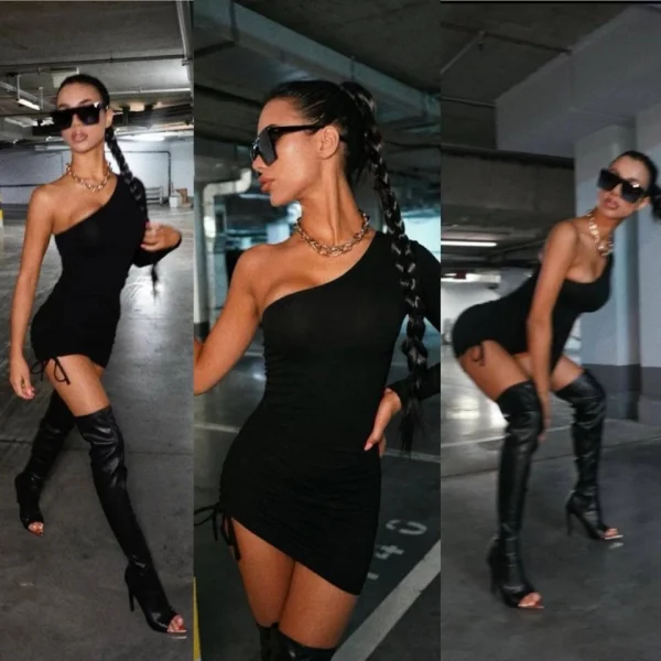 Kadın Omuz Dekolteli Asansör Büzgü Detay Fırsat ürün ini iyah Elbise