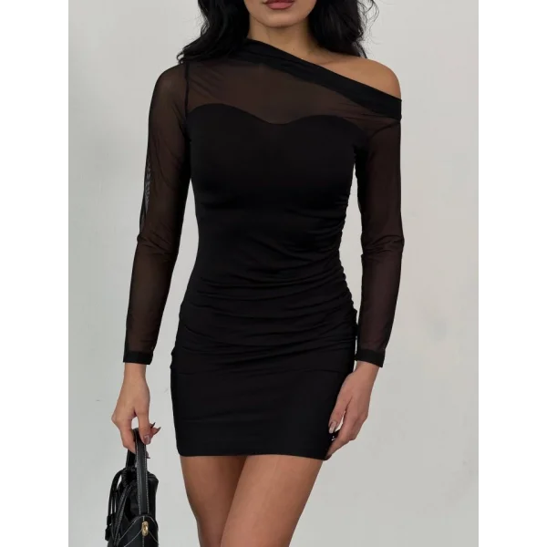 Kadın Omuz Dekolteli Tül Transparan Detay Mini Elbise