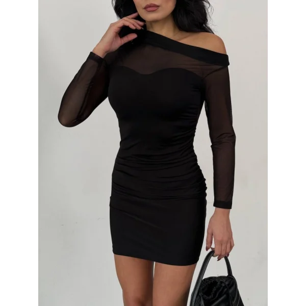 Kadın Omuz Dekolteli Tül Transparan Detay Mini Elbise