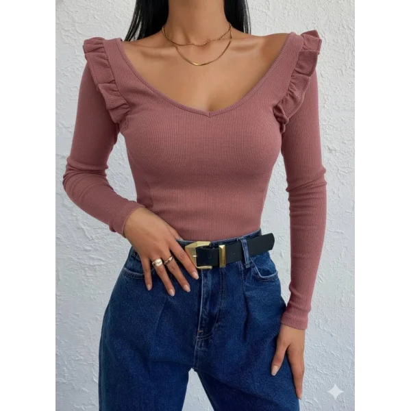 Kadın Omuz Fırfır Detay Uzun Kollu Bluz