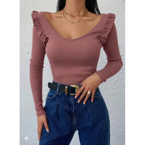 Kadın Omuz Fırfır Detay Uzun Kollu Bluz