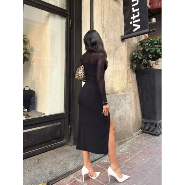 Kadın Omuz Ve Kolları Transparan Detay Bacak Dekolteli andy Kumal Elbise