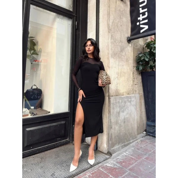 Kadın Omuz Ve Kolları Transparan Detay Bacak Dekolteli andy Kumal Elbise