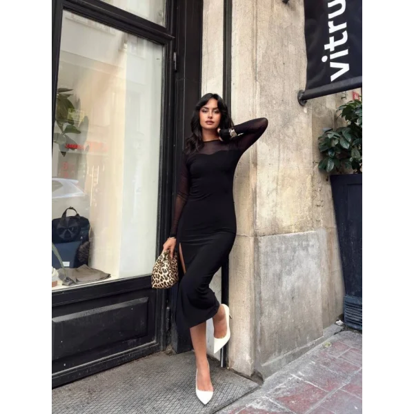 Kadın Omuz Ve Kolları Transparan Detay Bacak Dekolteli andy Kumal Elbise