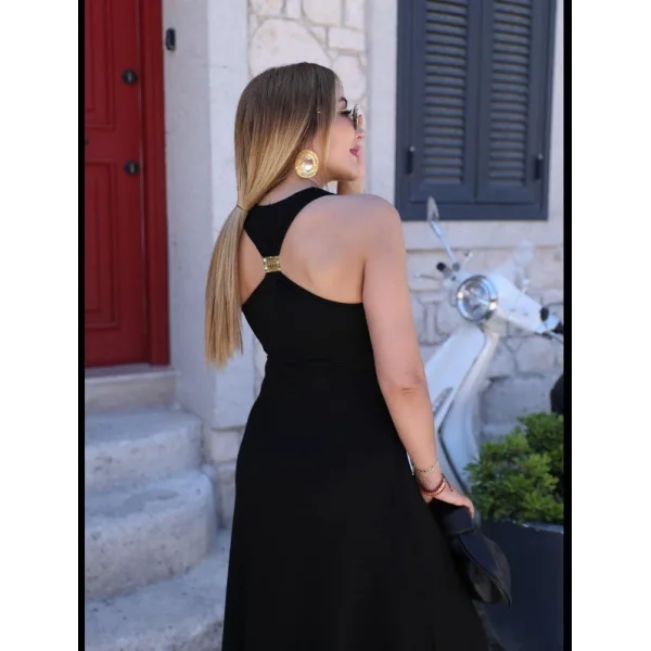 Kadın Omuzlardan Açık Arkadan Aksesuar Detaylı Yırtmaçlı Janjan Krep Elbise