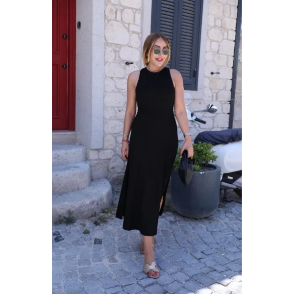 Kadın Omuzlardan Açık Arkadan Aksesuar Detaylı Yırtmaçlı Janjan Krep Elbise