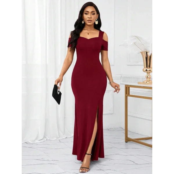 Kadın Omuzlardan Açık Askılı Yırtmaç Detaylı Uzun Ithal Krep Elbise