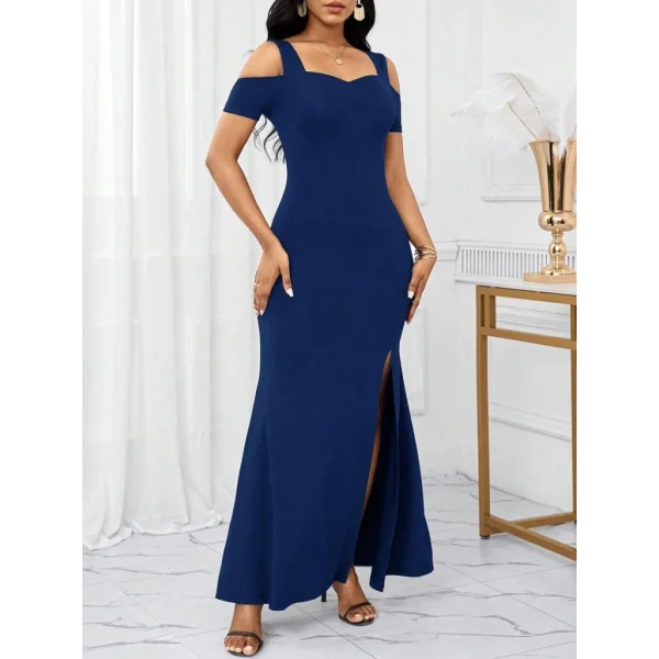 Kadın Omuzlardan Açık Askılı Yırtmaç Detaylı Uzun Ithal Krep Elbise