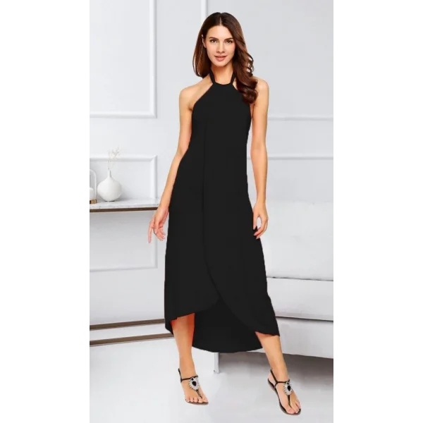 Kadın Omuzlardan Açık Boyundan Geçmeli Asimetrik Kesim Detaylı Viskon Elbise