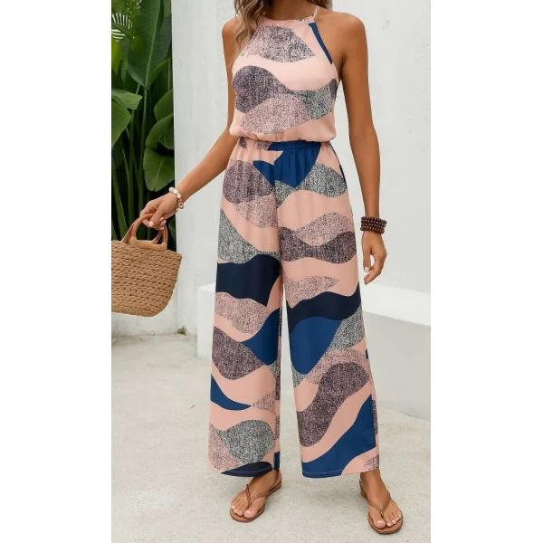 Kadın Omuzlardan Açık Boyundan Geçmeli Beli Lastikli Desenli Dalgıç Tulum