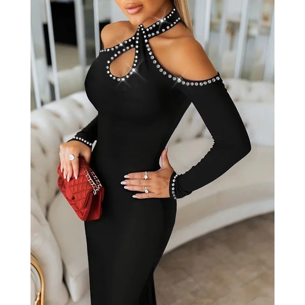 Kadın Omuzlardan Açık Boyundan Geçmeli Damla Detaylı Taşlı Midi Dalgıç Elbise