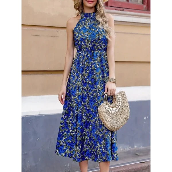 Kadın Omuzlardan Açık Daire Yaka Desenli Maxi Süprem Elbise