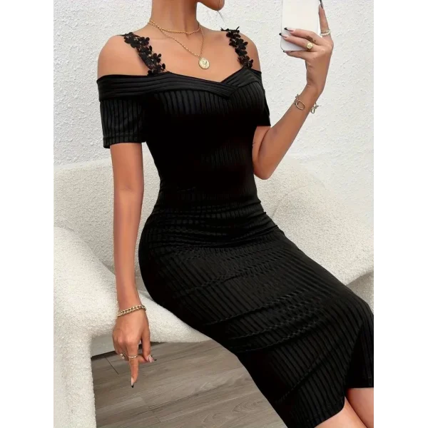 Kadın Omuzlardan Açık Dantel Askılı Fitilli Kaşkorse Midi Elbise