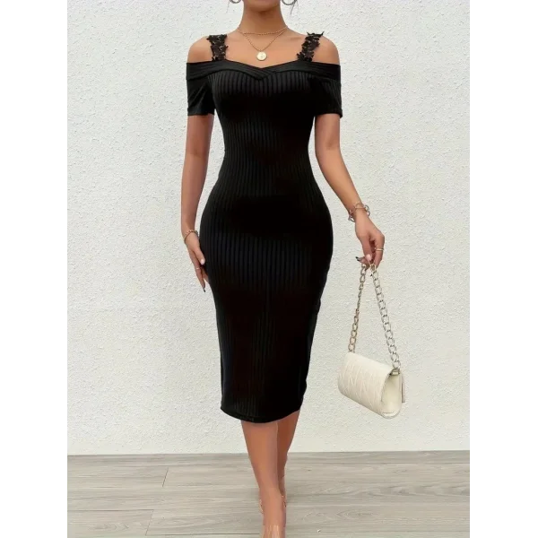 Kadın Omuzlardan Açık Dantel Askılı Fitilli Kaşkorse Midi Elbise