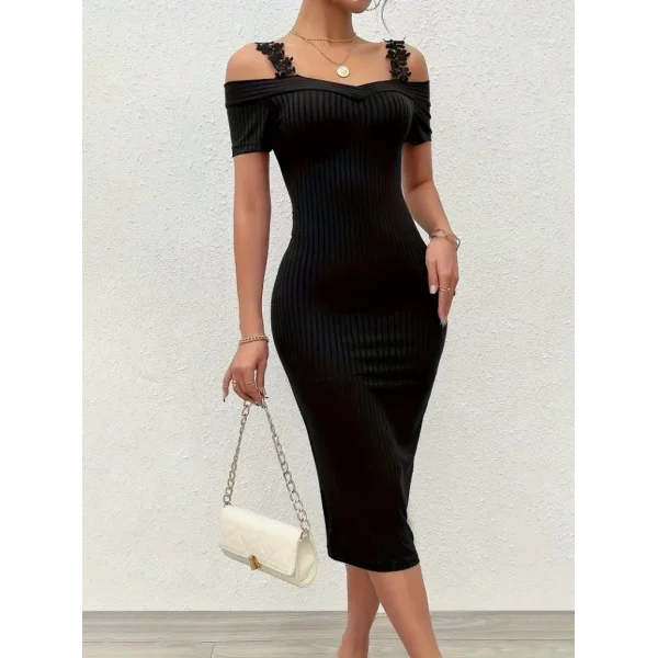 Kadın Omuzlardan Açık Dantel Askılı Fitilli Kaşkorse Midi Elbise