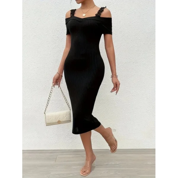 Kadın Omuzlardan Açık Dantel Askılı Fitilli Kaşkorse Midi Elbise