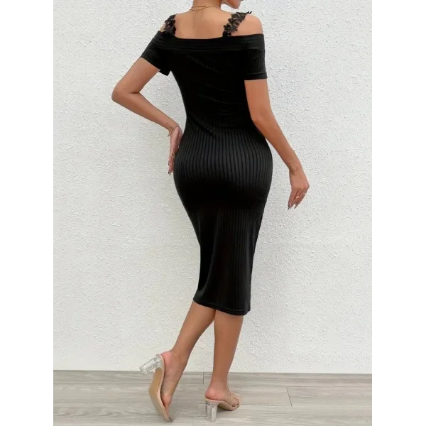 Kadın Omuzlardan Açık Dantel Askılı Fitilli Kaşkorse Midi Elbise