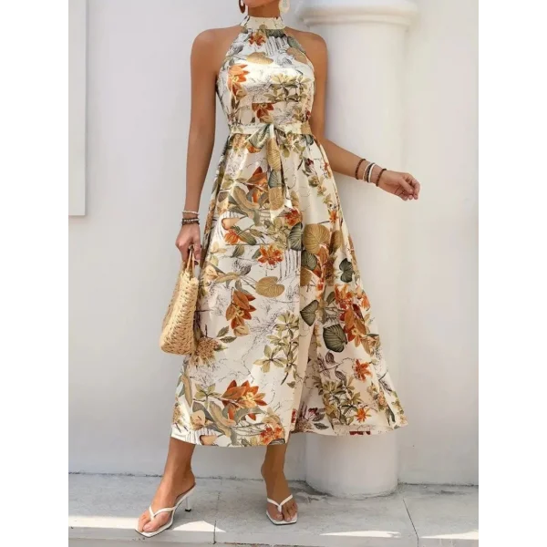 Kadın Omuzlardan Açık Halter Yakalı Yırtmaçlı çiçek Desenli Süprem Elbise