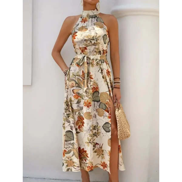 Kadın Omuzlardan Açık Halter Yakalı Yırtmaçlı çiçek Desenli Süprem Elbise