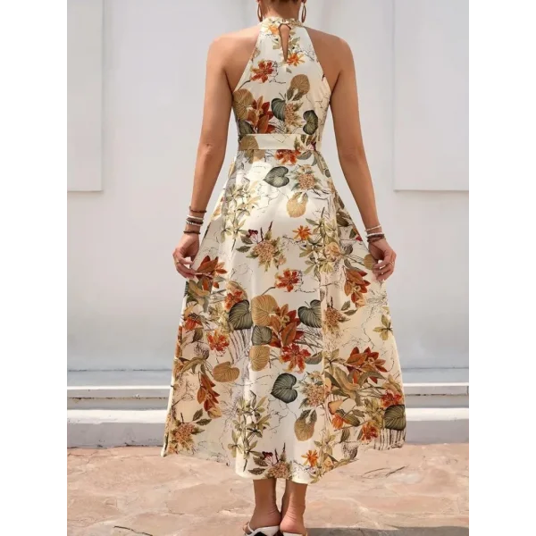 Kadın Omuzlardan Açık Halter Yakalı Yırtmaçlı çiçek Desenli Süprem Elbise