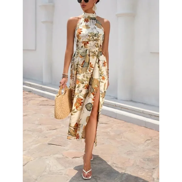 Kadın Omuzlardan Açık Halter Yakalı Yırtmaçlı çiçek Desenli Süprem Elbise