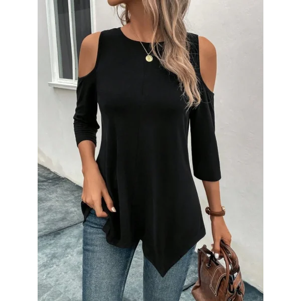 Kadın Omuzlardan Açık Sıfır Yaka Asimetrik Kesim Detay Viskon Bluz