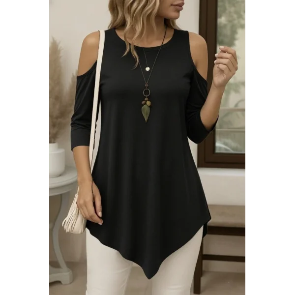 Kadın Omuzlardan Açık Sıfır Yaka Asimetrik Kesim Detay Viskon Bluz