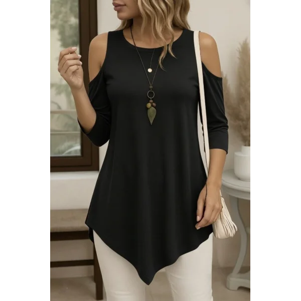 Kadın Omuzlardan Açık Sıfır Yaka Asimetrik Kesim Detay Viskon Bluz