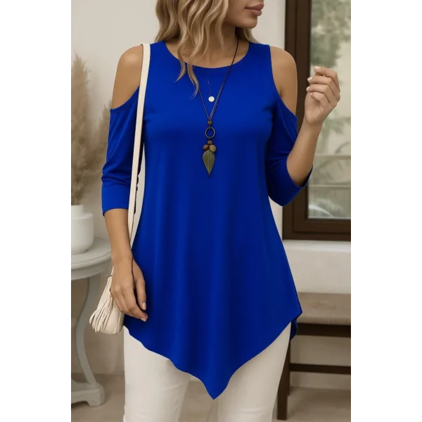 Kadın Omuzlardan Açık Sıfır Yaka Asimetrik Kesim Detay Viskon Bluz