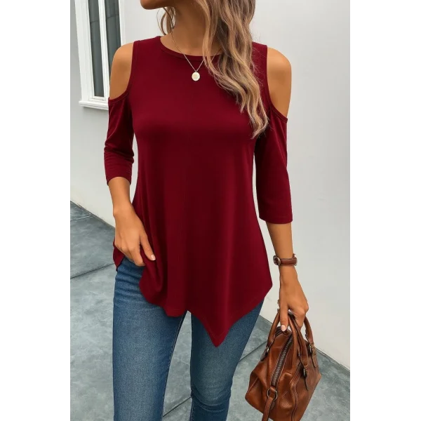 Kadın Omuzlardan Açık Sıfır Yaka Asimetrik Kesim Detay Viskon Bluz