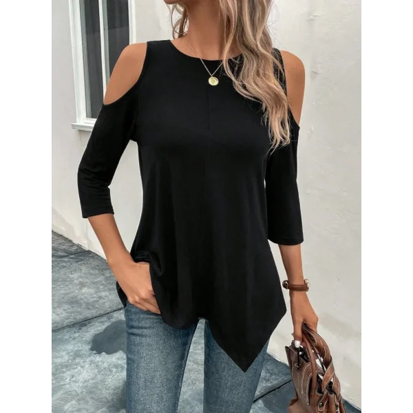 Kadın Omuzlardan Açık Sıfır Yaka Asimetrik Kesim Detay Viskon Bluz
