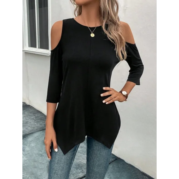 Kadın Omuzlardan Açık Sıfır Yaka Asimetrik Kesim Detay Viskon Bluz