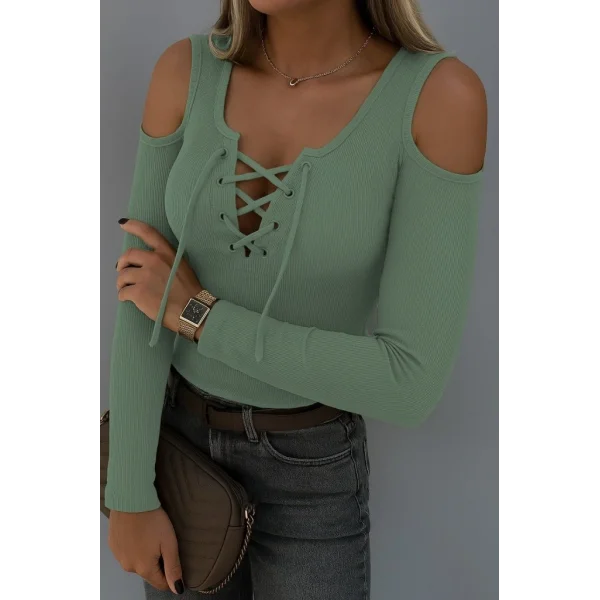 Kadın Omuzlardan Açık Uzun Kollu Bağcıklı Kaşkorse Bluz