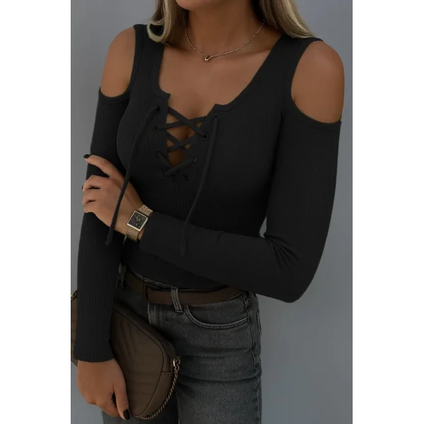 Kadın Omuzlardan Açık Uzun Kollu Bağcıklı Kaşkorse Bluz
