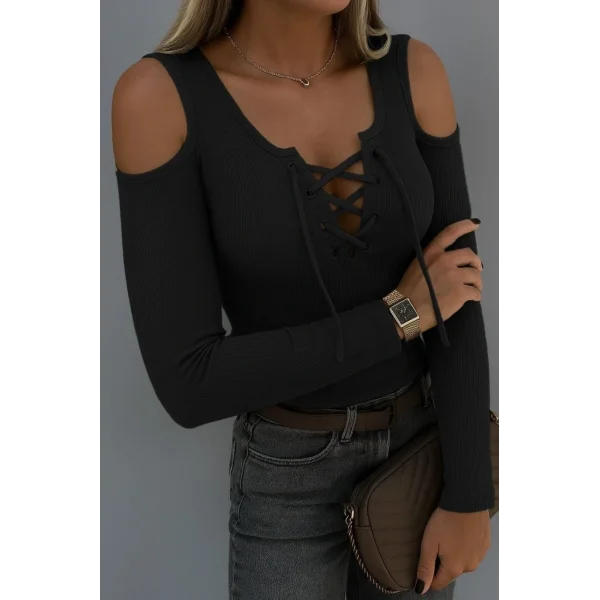 Kadın Omuzlardan Açık Uzun Kollu Bağcıklı Kaşkorse Bluz