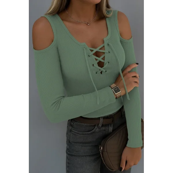 Kadın Omuzlardan Açık Uzun Kollu Bağcıklı Kaşkorse Bluz