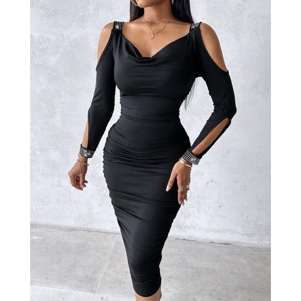 Kadın Omuzlardan Açık Uzun Kollu Taşlı Degaje Yakalı Sandy Midi Elbise