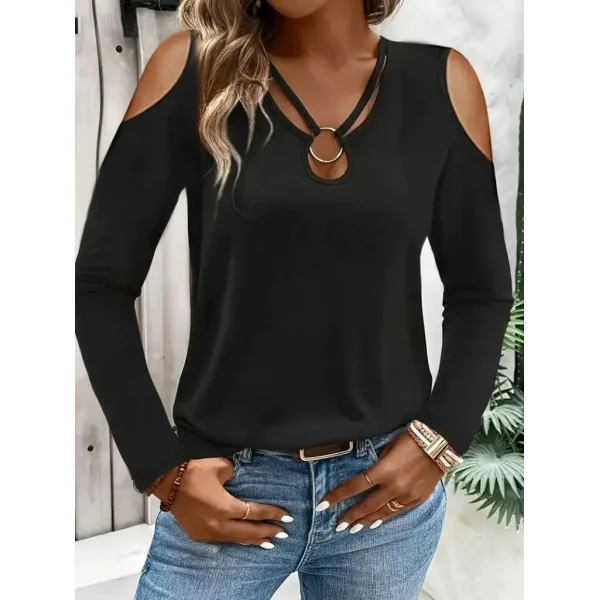 Kadın Omuzlardan Açık Uzun Kollu Yakadan Halka şerit Detaylı Viskon Bluz