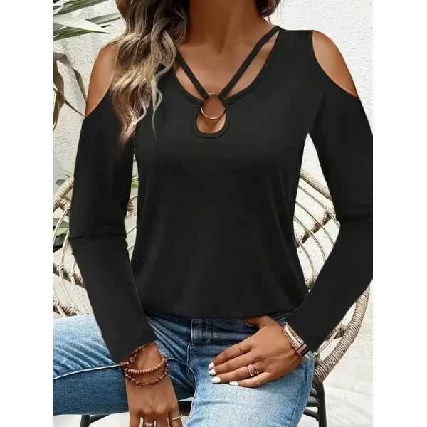 Kadın Omuzlardan Açık Uzun Kollu Yakadan Halka şerit Detaylı Viskon Bluz