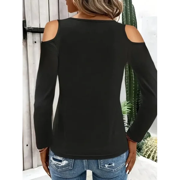 Kadın Omuzlardan Açık Uzun Kollu Yakadan Halka şerit Detaylı Viskon Bluz