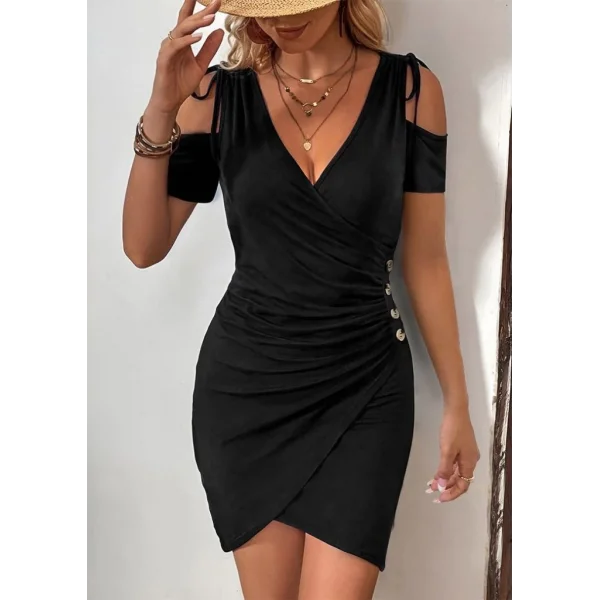 Kadın Omuzlardan Açık V Yakalı Kısa Kollu Yanlardan Büzgülü Düğme Detaylı Janjan Krep Elbise