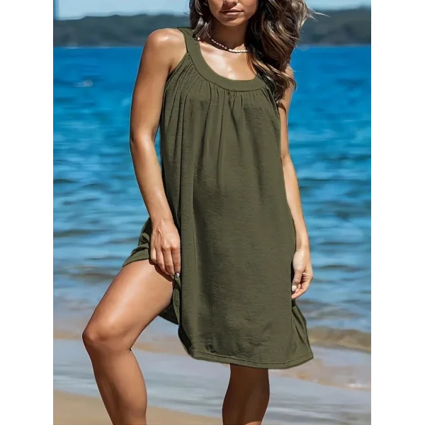 Kadın Omuzlardan Açık Yuvarlak Yaka Pileli Viskon Elbise