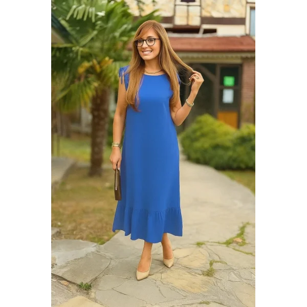 Kadın Omuzlardan Büzgülü Kayık Yaka Fırfırlı Janjan Krep Elbise