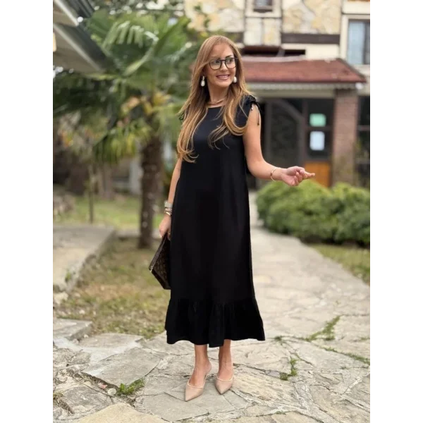 Kadın Omuzlardan Büzgülü Kayık Yaka Fırfırlı Janjan Krep Elbise