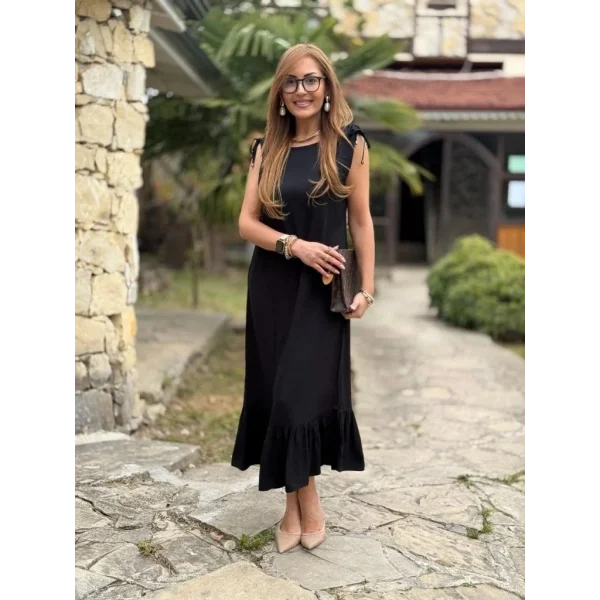 Kadın Omuzlardan Büzgülü Kayık Yaka Fırfırlı Janjan Krep Elbise