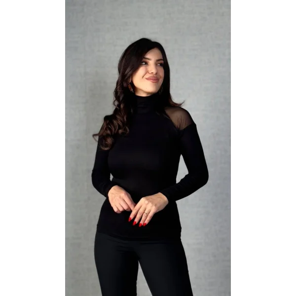 Kadın Omuzları Tül Balıkçı Yaka Viskon Kumaş Bluz