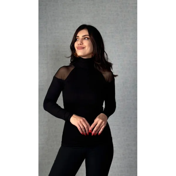 Kadın Omuzları Tül Balıkçı Yaka Viskon Kumaş Bluz